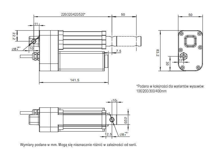 Siłownik elektryczny HIP 12V/24V wymiary